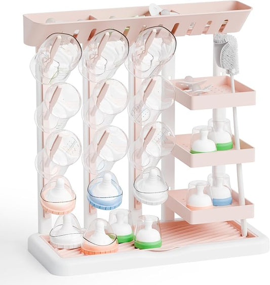 Yieach Larger Baby Bottles Drying Rack for 20 Bottles,Space Saving Feeding Drying Rack for Baby Bottles for Countertop,Vertical Baby Bottle Holder & Storage Station for Pacifiers,Breast Pump,Pink