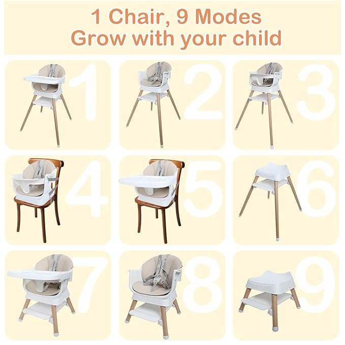 9 in 1 Convertible Baby High Chair with Booster, Wooden Highchair for Babies and Toddlers with Removable Tray & 5-Point Harness, Multi-Functional Growing Seat for Feeding, Learning & Play, Beige
