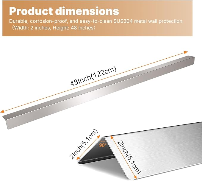 2x2x48 Inch 304 Stainless Steel Wall Corner Guards (10-Pack), Heavy Duty 90° Rounded Corner Protector, Smooth Folded Edge Metal Wall Edge Guard, Wall Corner Trim for Home & Commercial Wall Protection