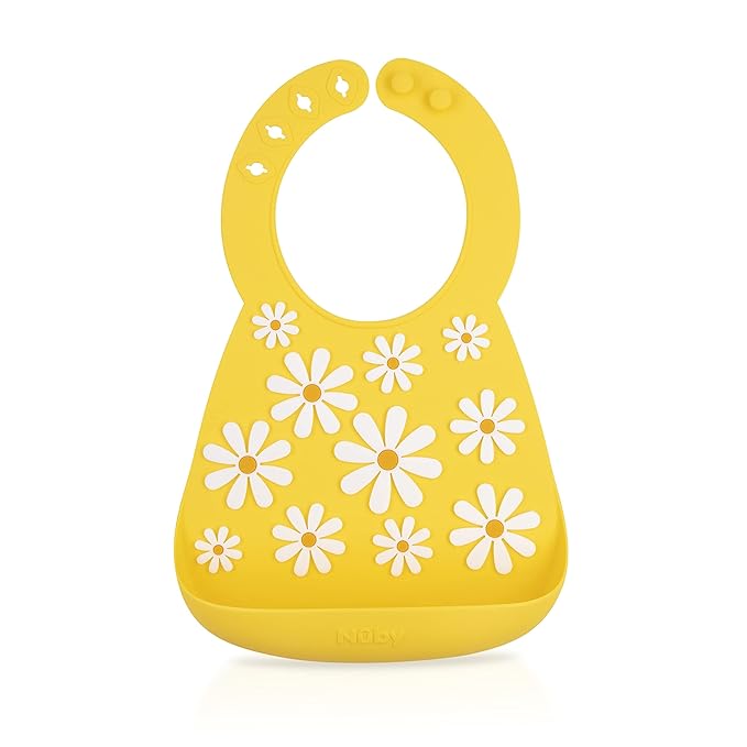 Nuby 3D Soft Silicone Baby Bib with Scoop - Silicone Bib for Toddlers and Babies 6+ Months - Yellow Daisy