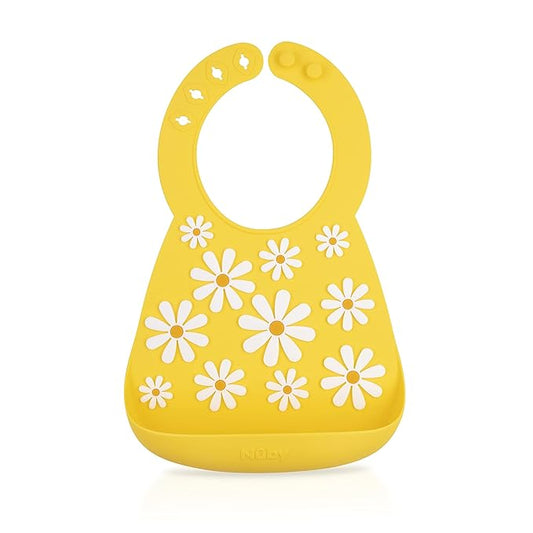 Nuby 3D Soft Silicone Baby Bib with Scoop - Silicone Bib for Toddlers and Babies 6+ Months - Yellow Daisy