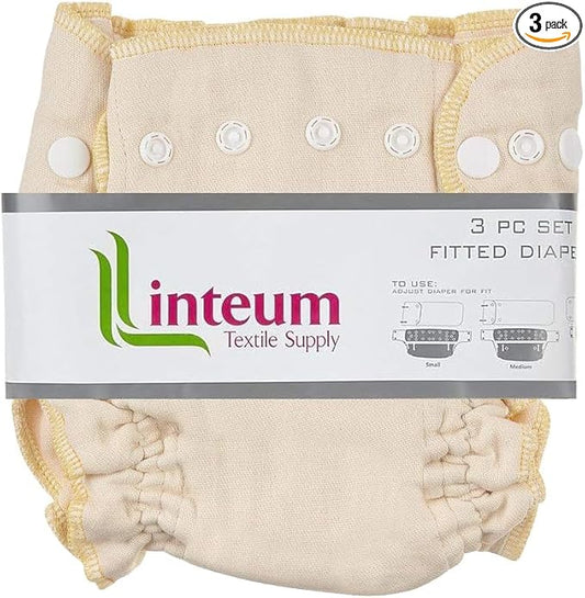 Linteum Textile Fitted Cloth Diapers with Snap Closures – 100% Cotton, Adjustable Snaps, Removable Inserts – Reusable & Washable Baby Diapers for Toddlers – Natural/Beige – 3 Pack (Small 9-15 lbs)
