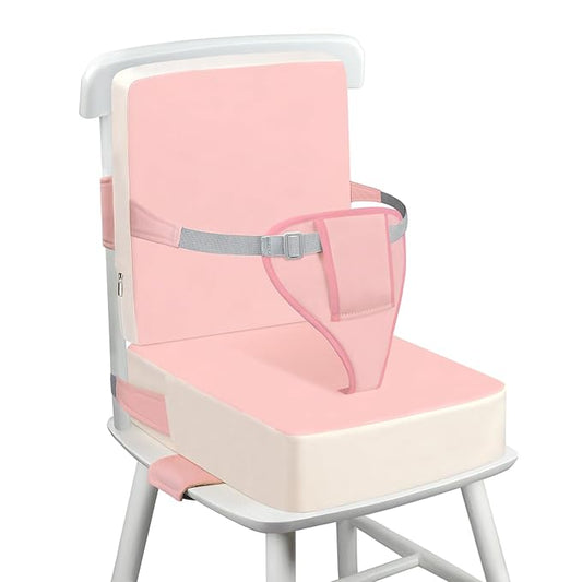 Toddler Booster Seat for Dining Table with Adjustable Straps, Kids Booster Seat for Kitchen Chair with Non-Slip Bottom, PU Anti-Scratch Portable Detachable Increasing Cushion (Pink)