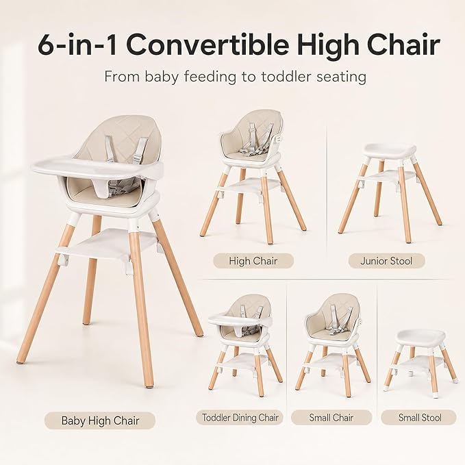 Baby High Chair, 6 in 1 Convertible High Chairs for Babies and Toddlers, Easy Clean Highchair with Removable Double Tray, 5-Point Harness, Reversible Footrest, Beech Wood Legs, Champagne