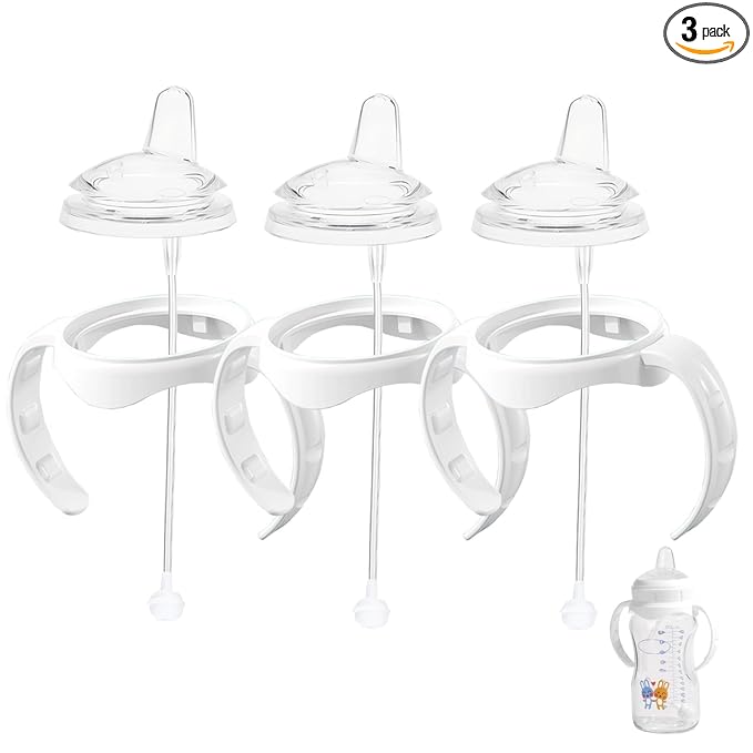 Sippy Cup Conversion Kit for Dr Brown Wide Mouth Baby Bottles, Soft Straw top and Weighted Straw Transition Kit with Handles, Set of 3