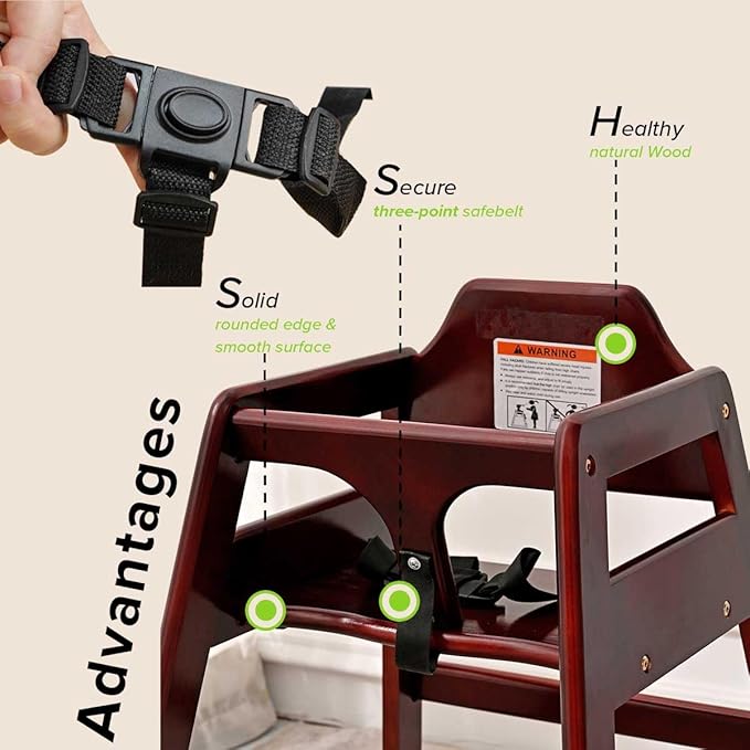 LZMS Wooden Highchair for Babies & Toddlers - Skin-Friendly,Rounded Edges,Safety Belt,Stackable,Reinforced Frame Baby Seat | Natural Finish Dining Chair for Little Ones（Color: Mahogany）