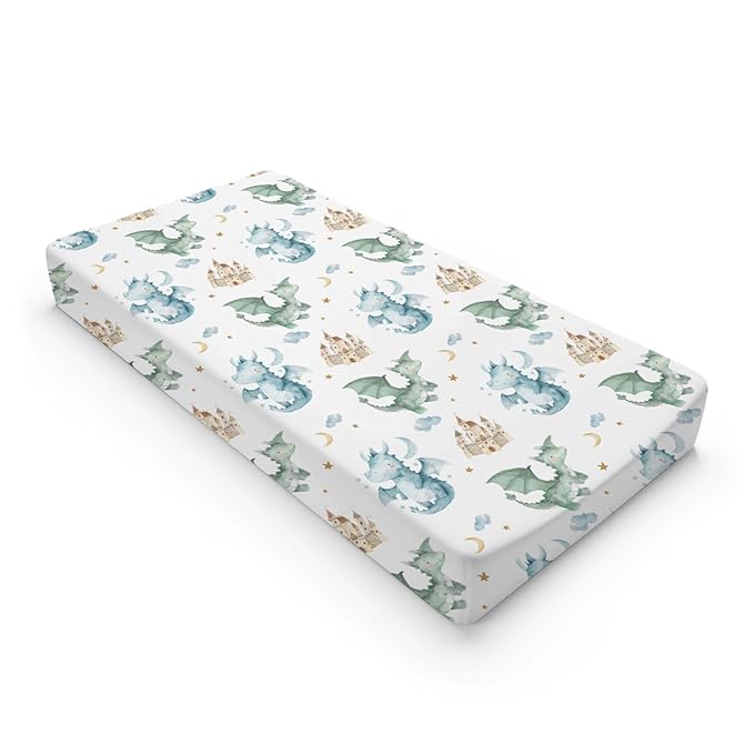 Cute Watercolor Dragon Castle Pattern Baby Changing Pad Cover, Unisex Dragon Moon Star Cloud Nursery Diaper Changing Table Pad Mat Sheet for Boys Girls-16x32
