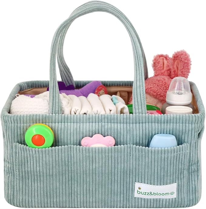 Buzz&Bloom Baby Diaper Caddy Organizer, Stylish Storage Basket for Newborn Essentials and Diaper Station, Gift for Baby Shower and Registry Must-Have (Sage)