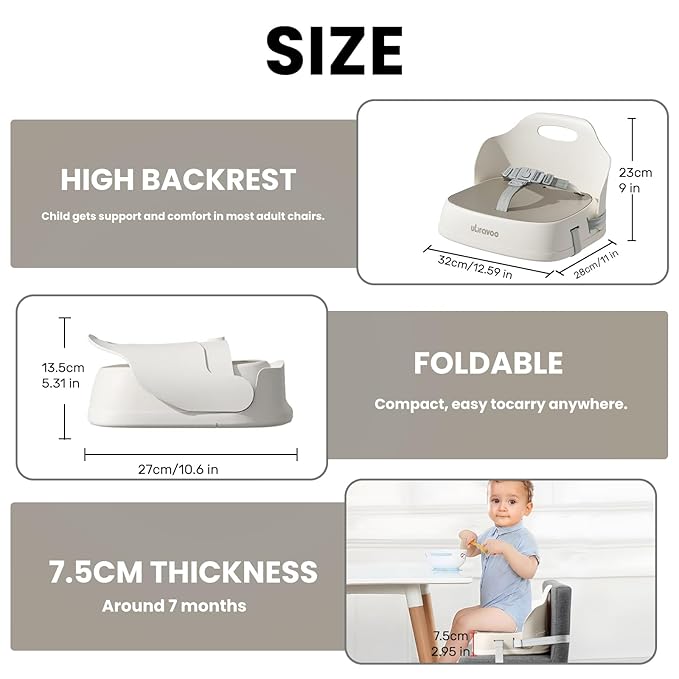 UBRAVOO Baby Booster Seats, Toddler Booster Seat for Dining Table with Adjustable Straps, Portable Compact Portable Baby Chair for Dining and Travel (Khaki)