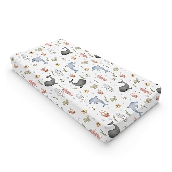 Sea Animals Changing Pad Cover Whale Dolphin Jellyfish Sea Horse Turtle Fish Coral Fitted Baby Change Table Sheets for Boy Girl Ocean Soft Stretch Fitted Changing Table Pad Cover Mats 32''x16''