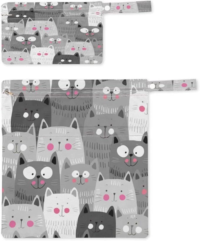 Wet Dry Bags Grey Cats Waterproof Wet Bag Animal Kitten Reusable Bags for Swimsuits Cloth Diapers Beach Pool Gym Travel Baby Item 2 Pcs