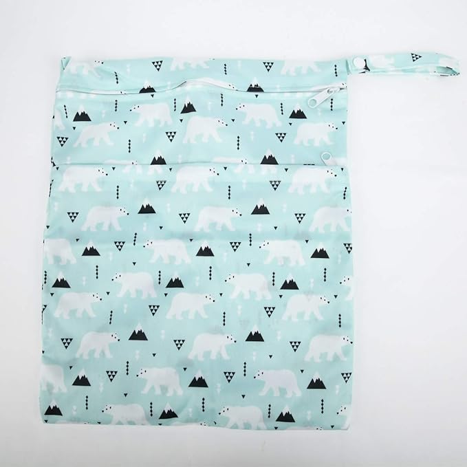 Medium Wet Dry Bag Baby Cloth Diaper Nappy Insert Bag Reusable Washable With Two Zippered Pockets (Polar Bear)