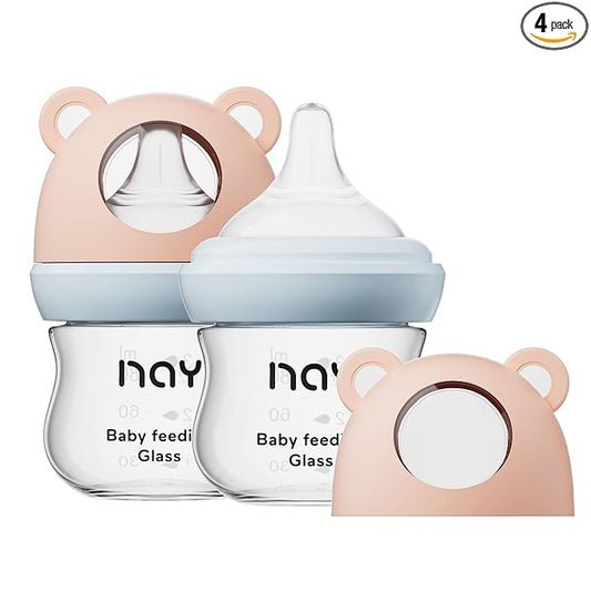yanyoyo Natural Glass Baby Bottle for Breastfeeding Babies, 3oz Newborn Anti-Colic Baby Bottle with Slow Flow Nipples (SS), Clear, Wide Neck, 2 Pack, 0 Months+