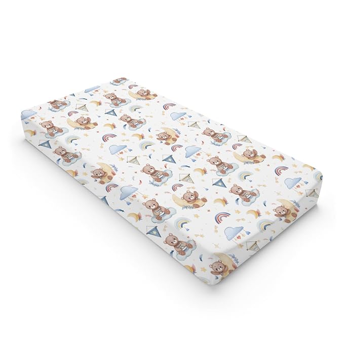 Cartoon Cute Bear Boy Changing Pad Covers Blue Bear Rainbow Moon Stars Clouds Leaf Baby Change Table Sheets Cover for Boys Girls Soft Stretchy Diaper Changing Table Mats 32''x16''