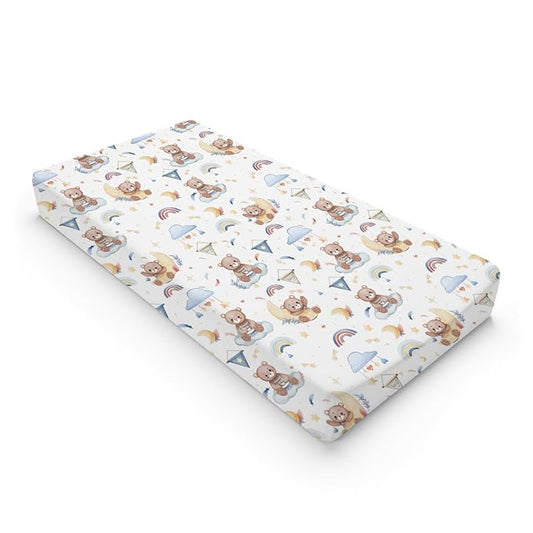 Cartoon Cute Bear Boy Changing Pad Covers Blue Bear Rainbow Moon Stars Clouds Leaf Baby Change Table Sheets Cover for Boys Girls Soft Stretchy Diaper Changing Table Mats 32''x16''