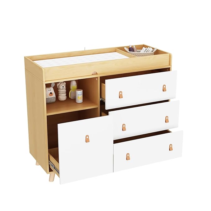 Changing Table Dresser, Baby Nursery Dresser with 3 Drawers and Shelf, Top Guardrail and Large Storage Cabinet, Hidden Trash Storage, Baby Changing Dressers for Nursery Room, White + Natural