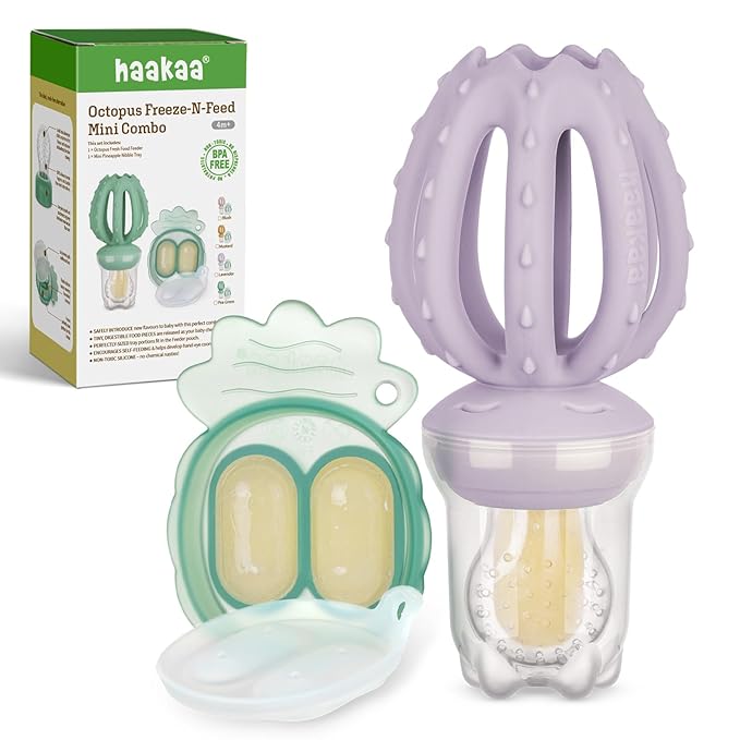 Haakaa Octopus Baby Fruit Food Feeder & Mini Freezer Nibble Tray Combo, Breastmilk Popsicle Molds for Cooling Relief, BPA Free Silicone Feeder for Safe Infant Self Feeding, 4 Month+ (Lavender)