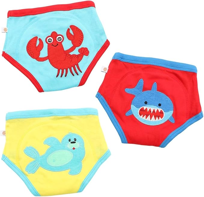 ZOOCCHINI Toddler 3-Pack Potty Training Pants - Soft Organic Cotton Underwear with Absorbent Padding and Fun Designs, Ocean Pals, 3-4 Years