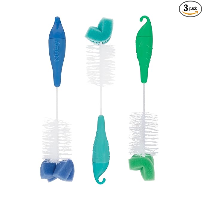 Nuby Bottle and Nipple Brush with Bristles and Sponge Tip | 3 Pack: Aqua, Blue, Green | Hanging Handle with Hook for Drying