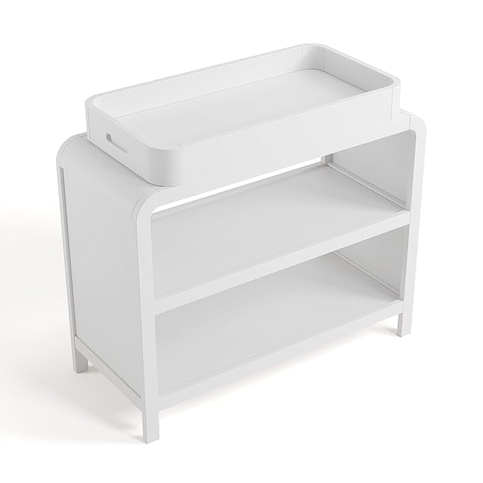 Storkcraft Santos Changing Table (White) – GREENGUARD Gold Certified Baby Changing Table, Solid Wood Construction, Removable Topper Fits Standard-Size Changing Pad
