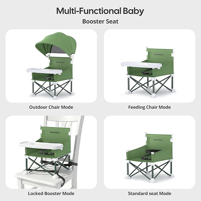 Portable Baby Booster Seat with Removable Tray & Canopy - 3 Point Safety Harness, Compact Fold for Travel, Indoor Outdoor Use for Infants & Toddlers, Green