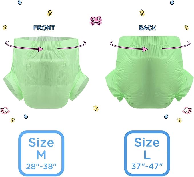 CutiePlusU Adult Diapers Heavy Absorption Dry Surface Disposable All Night-Green 2 Pieces (Medium 28"-38")