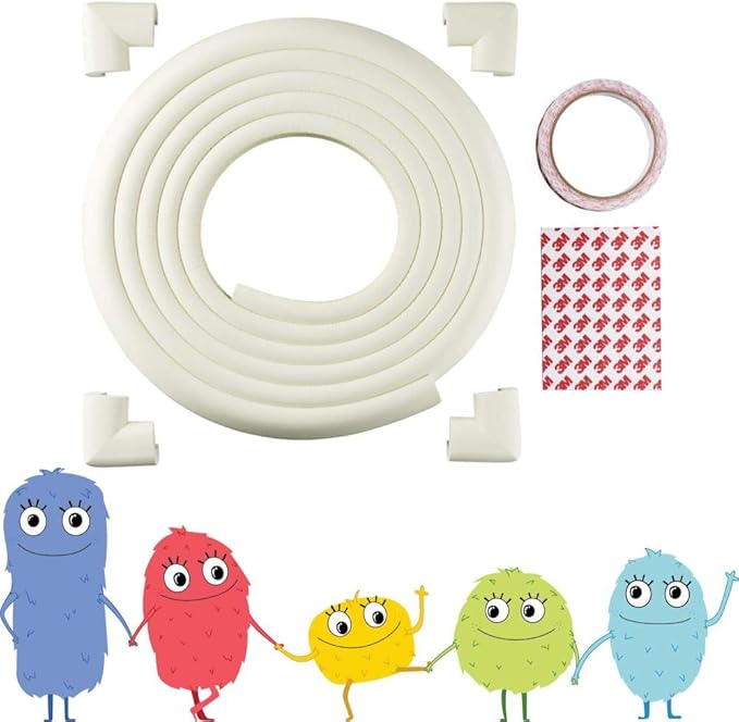 Toddleroo by North States - Foam Edge Protector Set for Baby Proofing: Furniture Corner & Edge Safety Bumpers - 12 Foot Roll of Padding & 4 Corner Protectors - 5 Piece Set - White