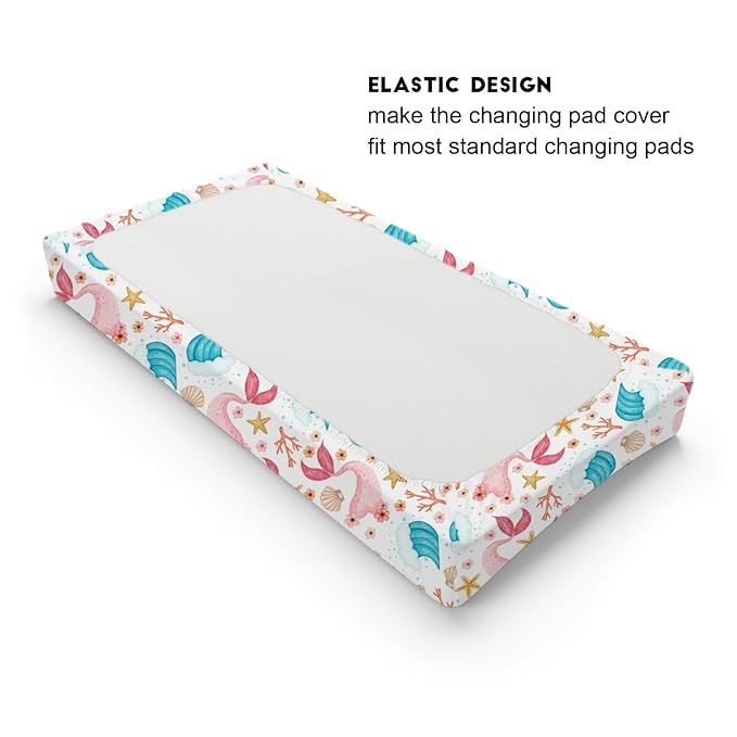 Colorful Nautical Life Changing Pad Cover Mermaid Starfish Conch Coral Wave Baby Change Table Pad Cover for Boy Girl Sea Ocean Marine Animal Soft Stretchy Fitted Diaper Changing Mat Sheets 32''x16''