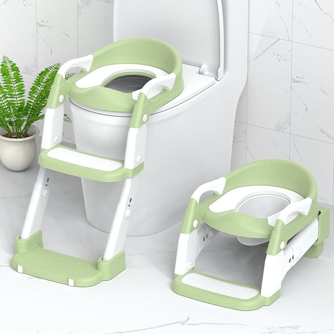 Potty Training Seat, Toddler Potty Training Toilet with Step Stool Ladder for Kids Boys Girls, 3 in 1 Foldable Toilet Seat Potty Chair with Urinals, Splash Guard, Handles, Anti-Slip Pad,Green