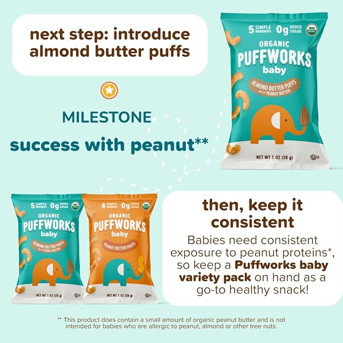 Puffworks Baby Organic Peanut Butter Puffs, Perfect for Early Peanut Introduction, Plant Protein, USDA Organic, Gluten-Free, Vegan, Non-GMO, Kosher, 1.0 Ounce (Pack of 6)
