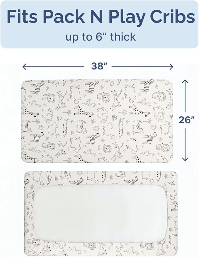 Pack and Play Sheets Fitted - 2 Pack Mini Crib Sheets for Pack N Play Mattress - Unisex Playard Microfiber Bedding for Boys & Girls - Soft, Breathable & Wrinkle Free - Oeko-Tex, 38 x 26in - Zoo Sketch