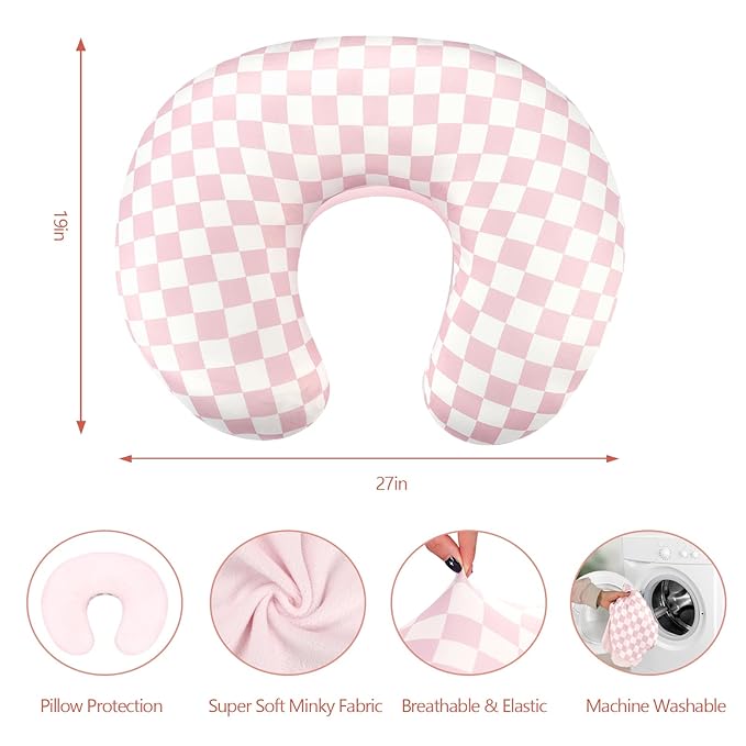 Nursing Pillow Cover 1 Pack, DAYEEBALL Double-Sided Removable Nursing Cover for Baby Girls Boys Newborn, Stretchy and Soft Reversible Slipcover for Breastfeeding Pillow, Pink Checkerboard (Only Cover)