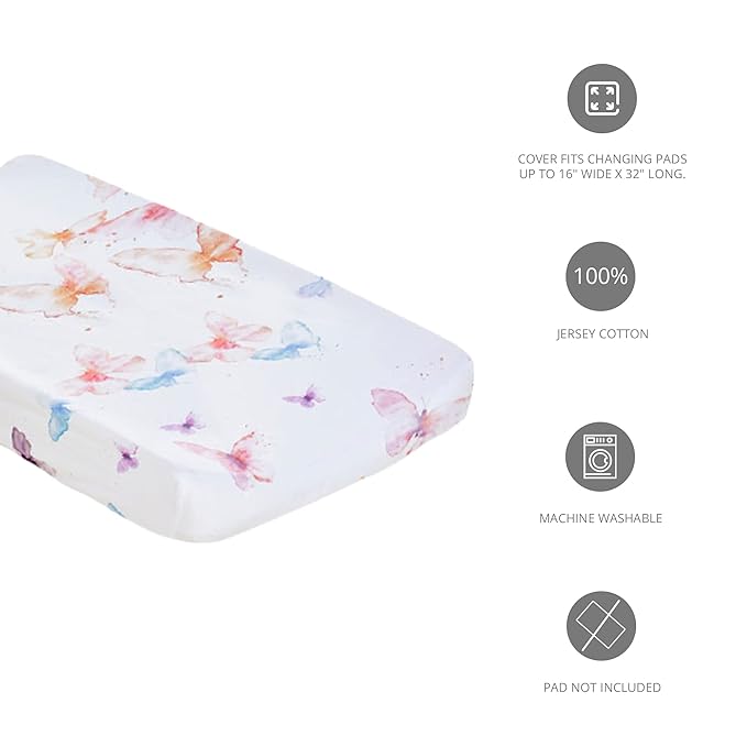 Oilo Changing Pad Cover, Breathable Organic Cotton Fitted Jersey, 300 Thread Count, Machine Washable, Fits Standard Changing Pads (32" x 16"), Girl, Boy, & Neutral Nursery Design, Butterfly