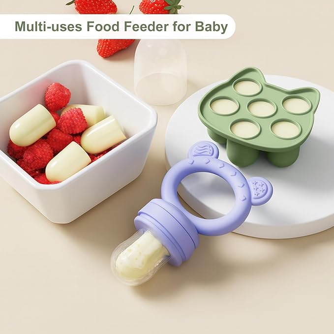 Baby Breastmilk Popsicle Molds & Baby Fruit Feeder (4 Pack), Infant Food Freezer Tray Storage Containers, Silicone Teething Pacifier Feeder and Teether for Babies,Boys and Girls-Navy&Purple