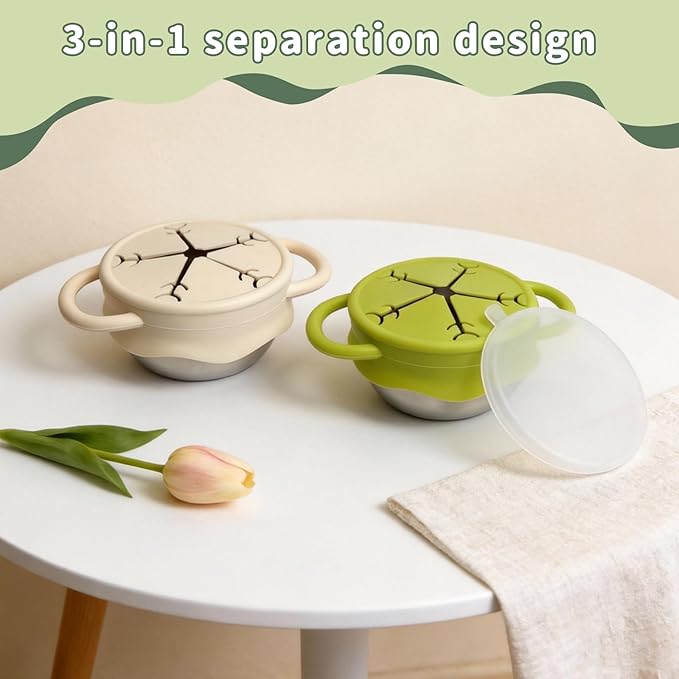Snack Containers,2 Pcs 13.5oz Stainless Steel Snack Cups for Toddlers and Babies, Removable Silicone Food Catcher and Travel Lid,No-Spill Toddler Snack Box,Dishwasher Safe