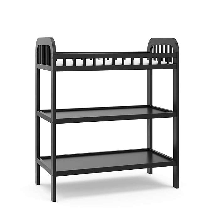Storkcraft Pasadena Changing Table with Water-Resistant Changing Pad (Black) - GREENGUARD Gold Certified, Includes Bonus Water-Resistant Changing Pad with Safety Strap, 2 Open Shelves