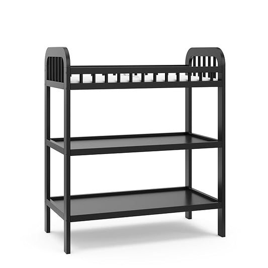 Storkcraft Pasadena Changing Table with Water-Resistant Changing Pad (Black) - GREENGUARD Gold Certified, Includes Bonus Water-Resistant Changing Pad with Safety Strap, 2 Open Shelves