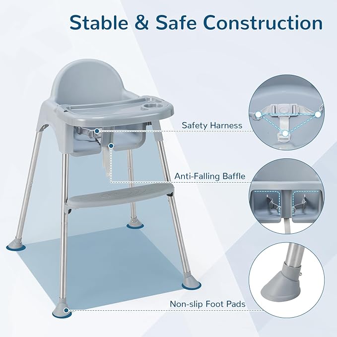 HONEY JOY Baby High Chair, 4 in 1 Convertible Highchair for Babies and Toddlers, Adjustable Legs, Double Removable Tray & Footrest, 3-Point Safety Harness for Infants Boys Girls (Gray)