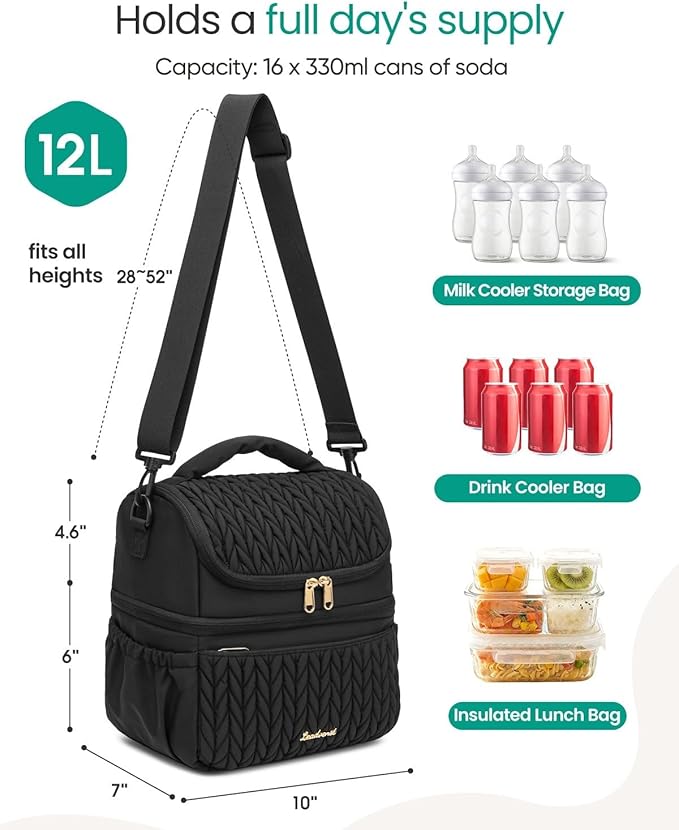 Breastmilk Cooler Bag - Large Capacity 12L & 10-Hour Insulated Bottle Cooler Bag with Detachable Divider for Tall Baby Bottles | Dual Deck Lunch Box for Women | Breast Pump Bags for Work