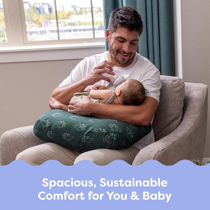 Boppy Nursing Pillow - Firm, Ergonomic U-Shaped Bottle and Breastfeeding Pillow with High Lift for Comfort and Support, Spacious Surface - Forest Green Dinos