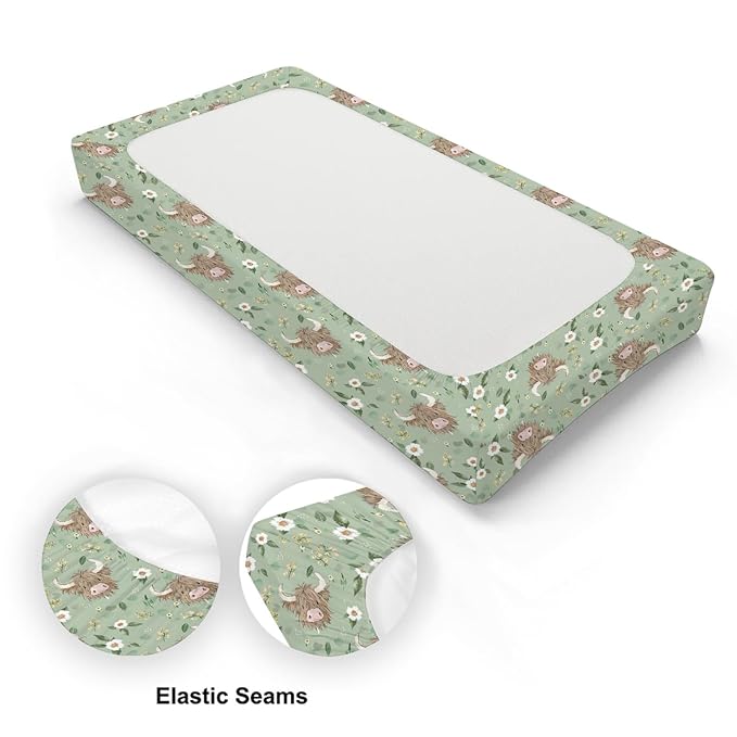 Farm Highland Cow Floral Flowers Leaves Baby Changing Pad Cover, Unisex Western Cow Nursery Diaper Changing Table Pad Mat Sheet for Boys Girls-16x32