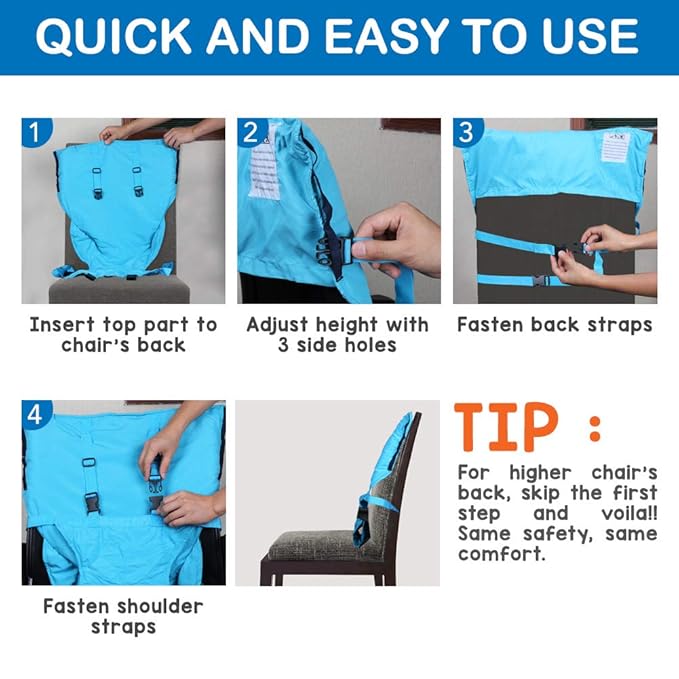 Baby High Chair Portable Easy Seat Harness for Travel Feeding Time, Suitable for Dining Camping Chair, Holds Baby Infant Toddler Up to 44 lbs, Hand Wash Cloth Included