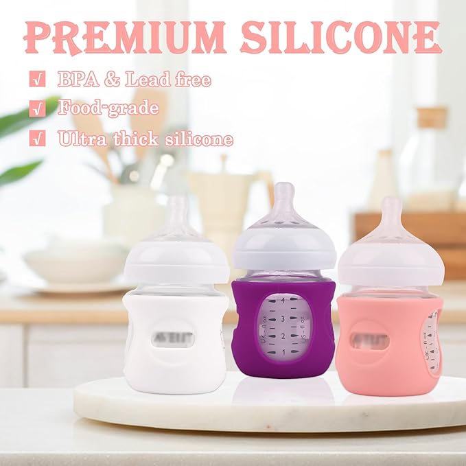 3 Pack Silicone Sleeves for Avent Natural Glass Baby Bottles, Anti Breakage Baby Bottle Holder, Compatible Philips Avent Glass Natural Baby Bottle 4 oz, BPA Free (White+Pink+Purple)