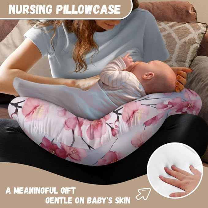 Pink Peach Blossom Nursing Pillow Covers Chinese Peach Flower Breast Feeding Pillow Support Lounger Cover Cherry Blossom Removable Nursing Pillow Cover, Machine Washable