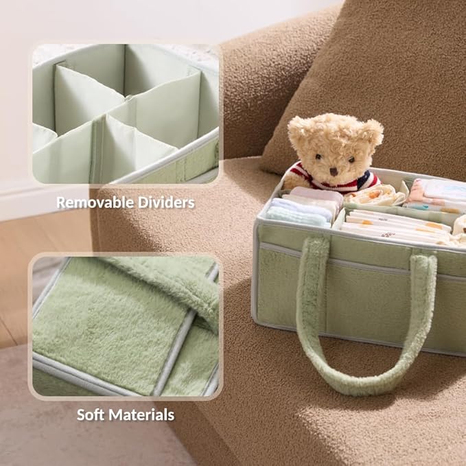 luxury little Soft Baby Diaper Caddy Organizer, Nursery Storage Basket with Removable Divider, Portable Baby Diapers Basket, Gifts for New Parent, Baby Shower (Green)