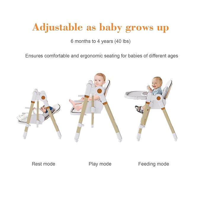 Foldable High Chair for Toddlers with Removable Double Tray & Storage Basket, 5 Height Levels Baby Eating Chair,3 Recline & Footrest Positions, Lockable Wheels,Easy Clean Feeding Chair (White)