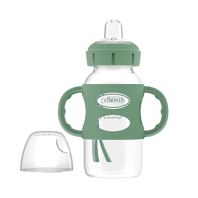 Dr. Brown's Milestones 9oz Wide-Neck Sippy Spout Bottle Bundle with Silicone Handles, Soft Sippy Spout, Green and Light Blue, 1-Pack Each, 6m+