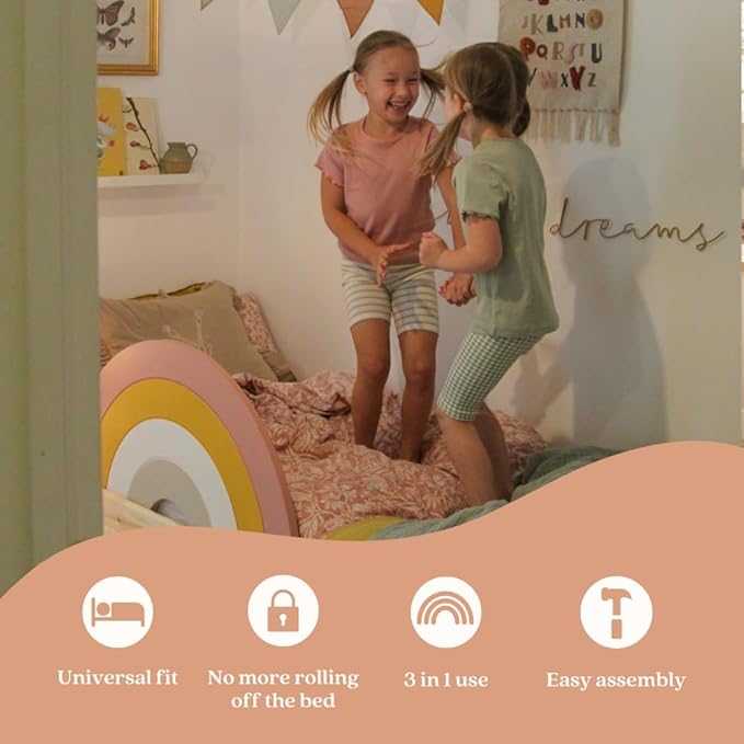 Premium 3-in-1 Toddler Bed Rail with Decorative Headboard and Wall Decor Functionality, High-End Bed Guard for Kids, Wooden Baby Bed Rail Guard, Rainbow Twin Bed Rail for Toddlers - Pink