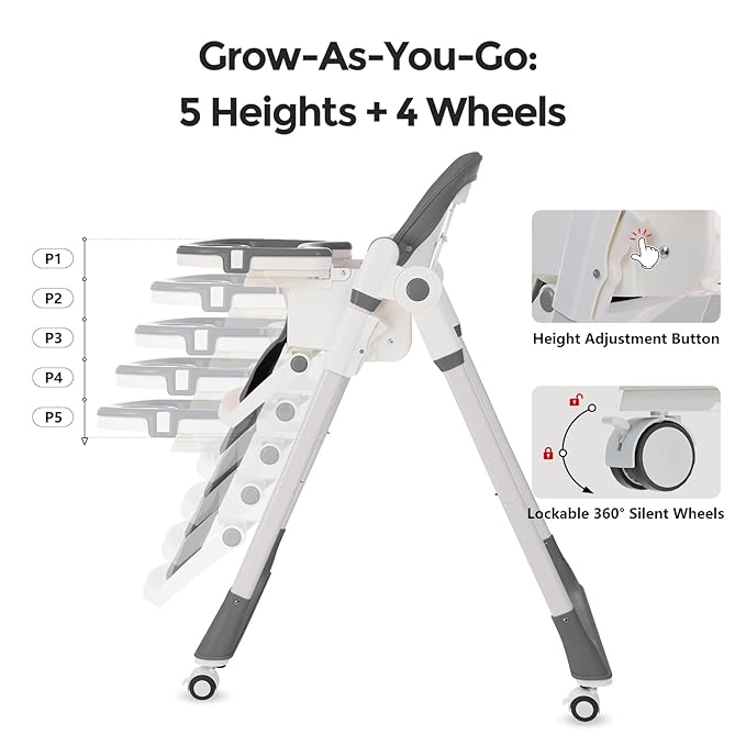 Cochildor 3-in-1 Foldable High Chair for Babies & Toddlers – Adjustable Height, Reclining Seat, 5-Point Safety Harness, Removable Tray, Lockable Wheels, Washable Cushion – Portable & Easy Clean, Gray