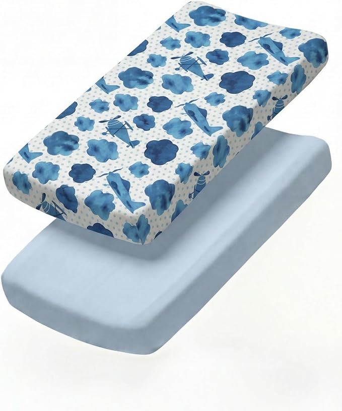 Changing Pad Cover - Pack of 2 Soft Unisex Diaper Change Microfiber Table Sheets - Fits 32"x16" Contoured Pad - Changing Pad Cover for Baby Boys & Girls - Snug, Machine Washable - Oeko-Tex, Plane Sky